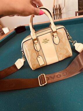 COACH Signature Mini Satchel in Beige/Leather Trim